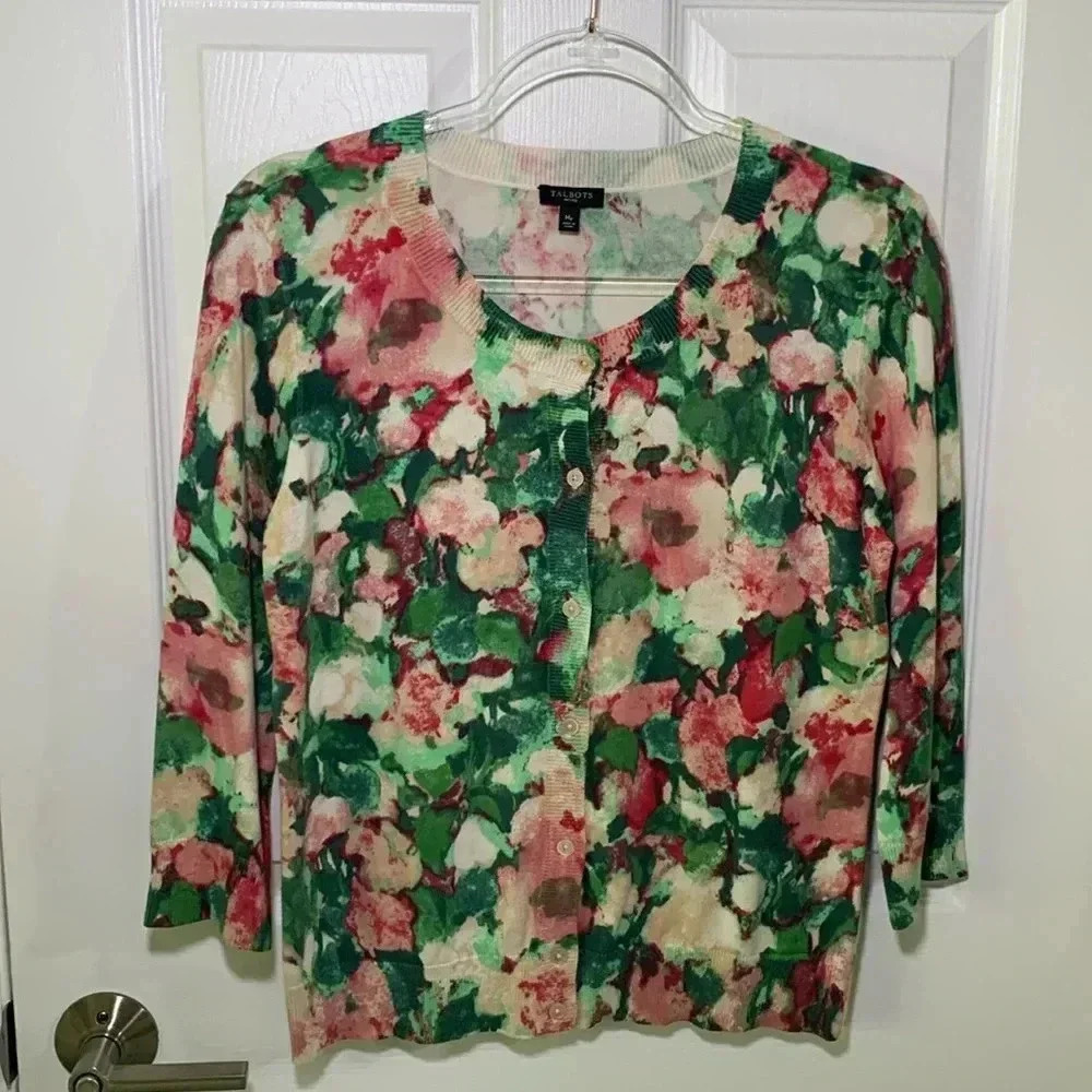 Talbots floral print cardigan size Medium petite